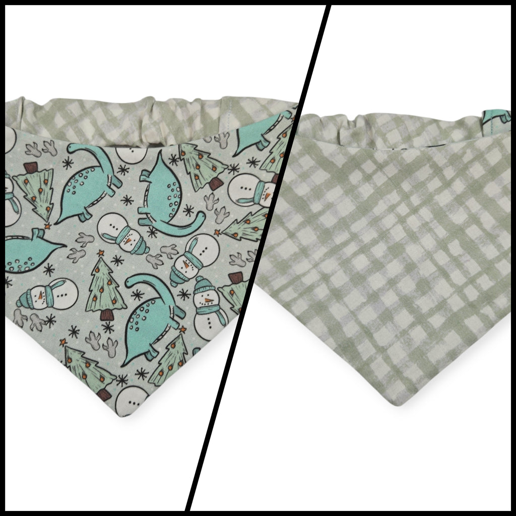 Winter Dinosaurs/Sage Green Plaid Slip-on Scrunchie Bandana (Medium)