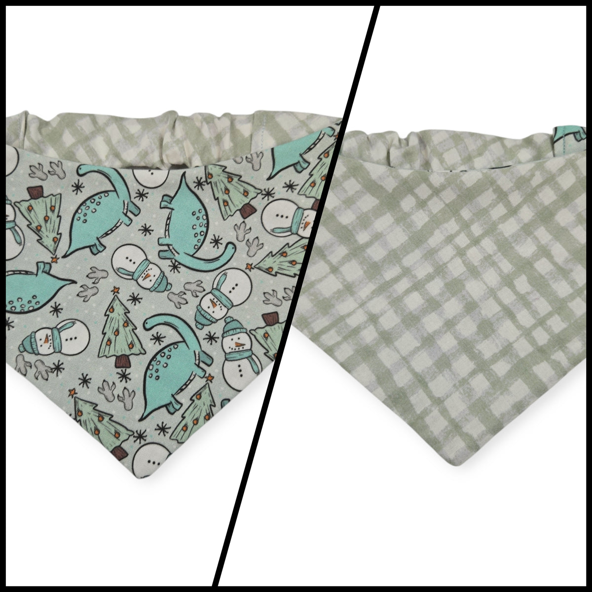 Winter Dinosaurs/Sage Green Plaid Slip-on Scrunchie Bandana (Medium)