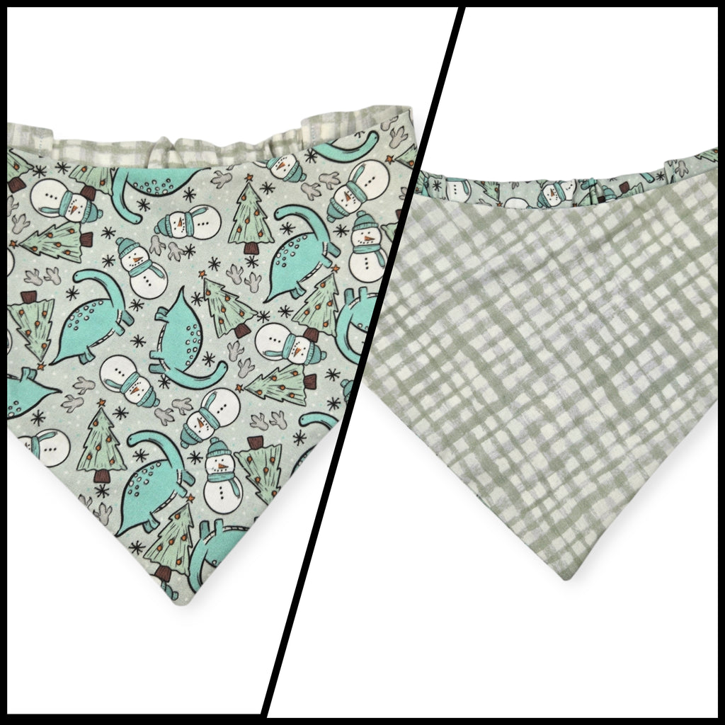 Winter Dinosaurs/Sage Green Plaid Reversible Slip-on Scrunchie Bandana (Large)