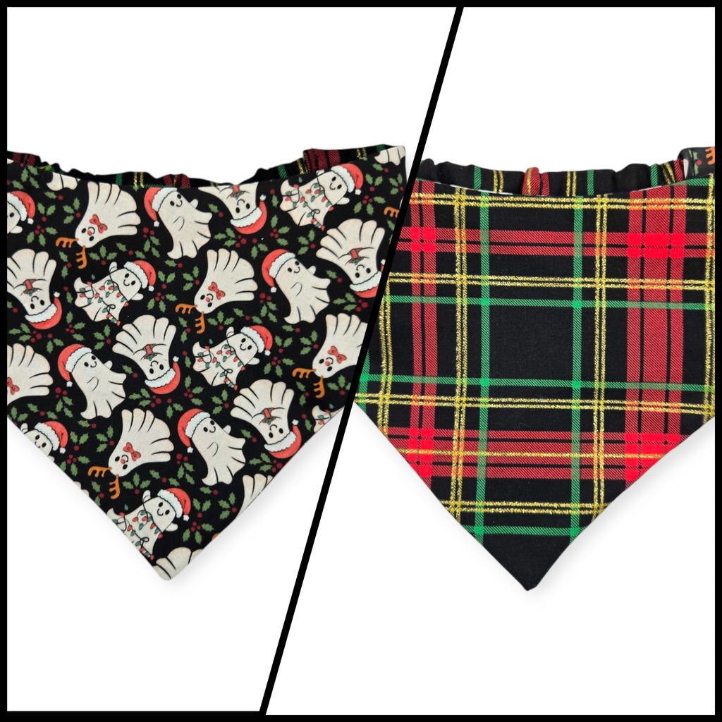 Christmas Ghost/Glitter Tartan Plaid Reversible Slip-on Scrunchie Bandana (Medium/Large)