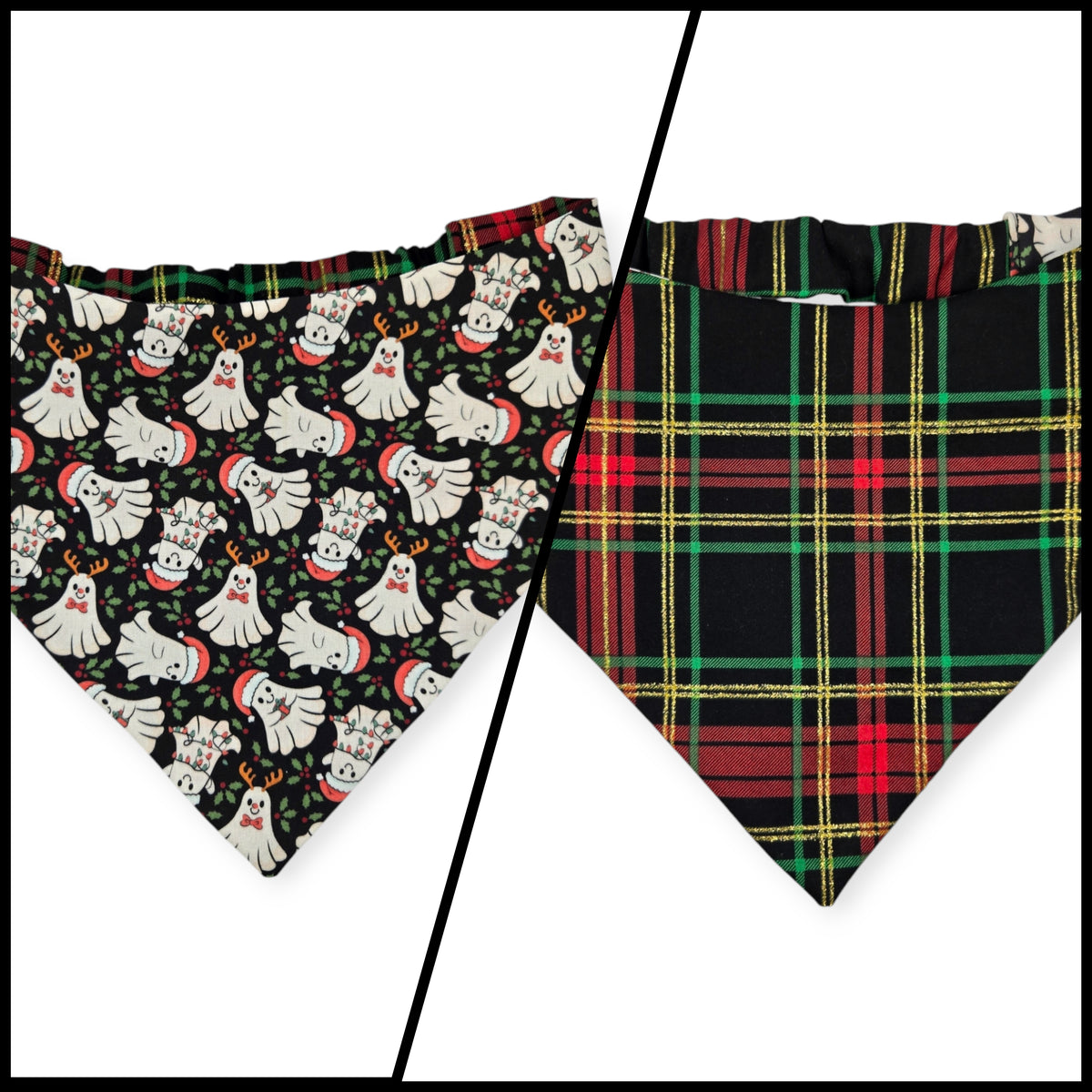Christmas Ghost/Glitter Tartan Plaid Reversible Slip-on Scrunchie Bandana (Large)
