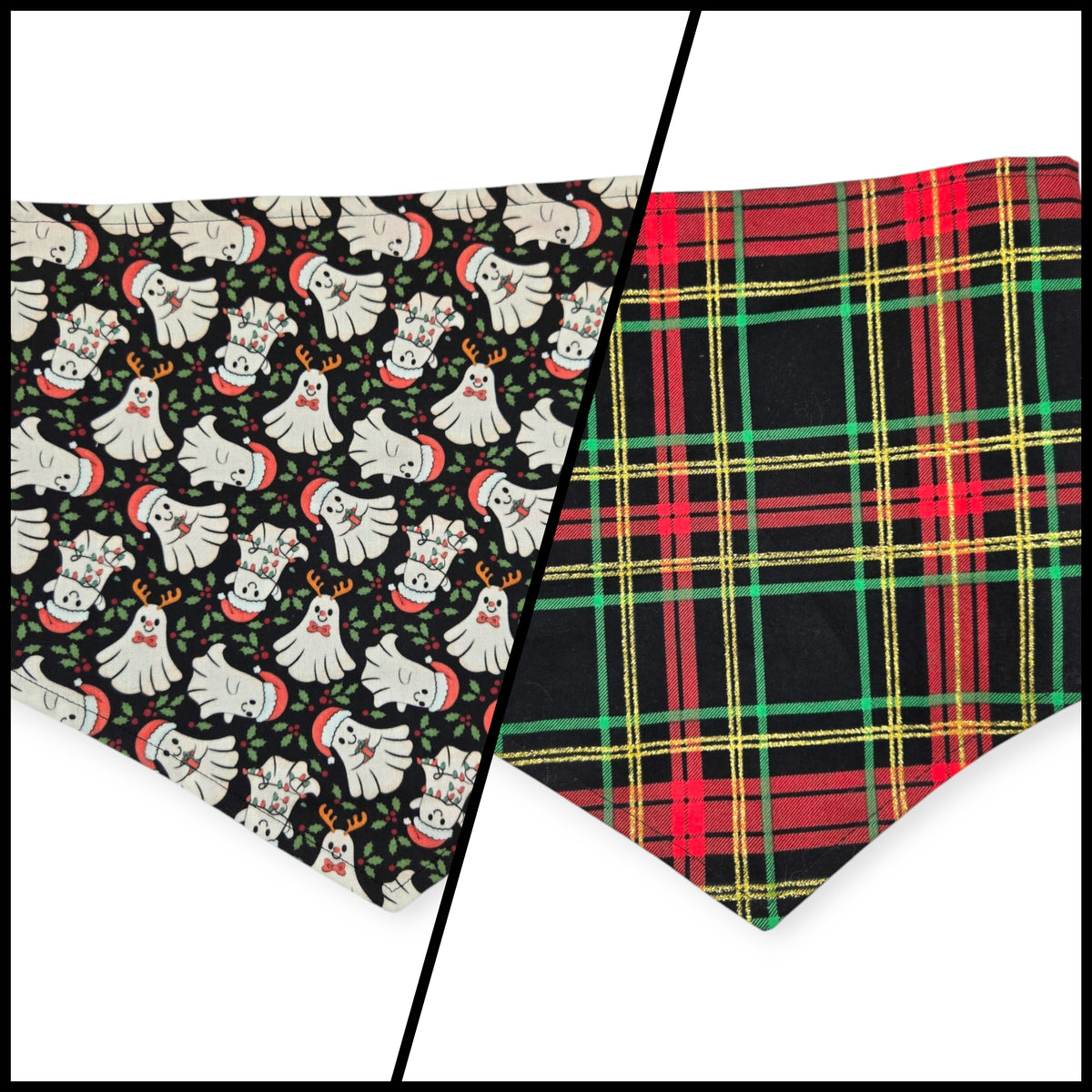 Christmas Ghost/Glitter Tartan Plaid Reversible Tie-on Bandana (Large)