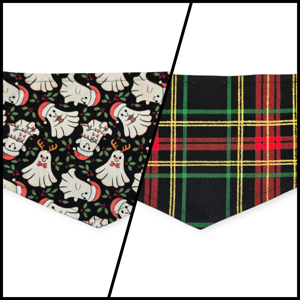 Christmas Ghost/Glitter Tartan Plaid Reversible Tie-on Bandana (X-Small)