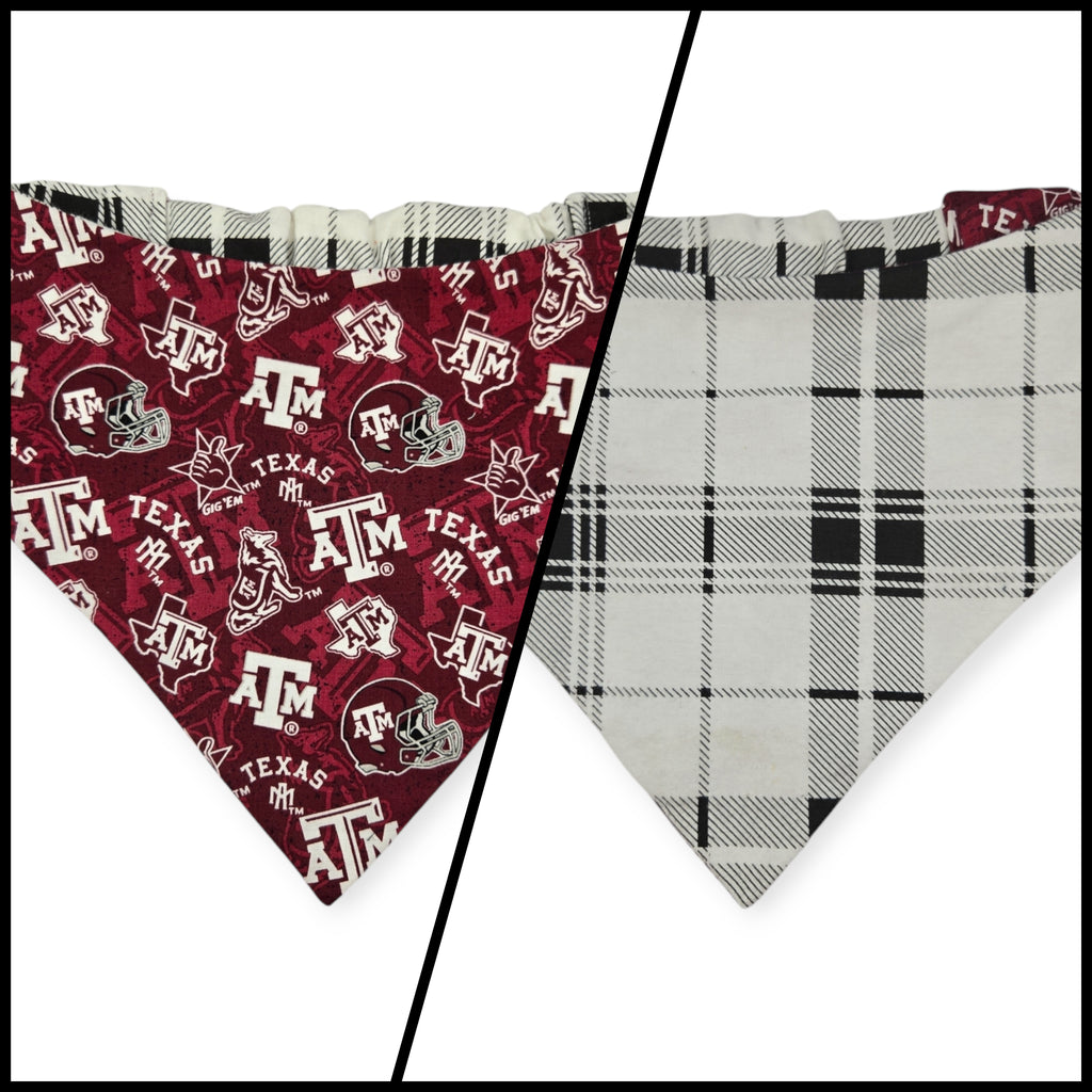 Gig Em/ Black & White Plaid Slip-on Scrunchie Bandana (Large)