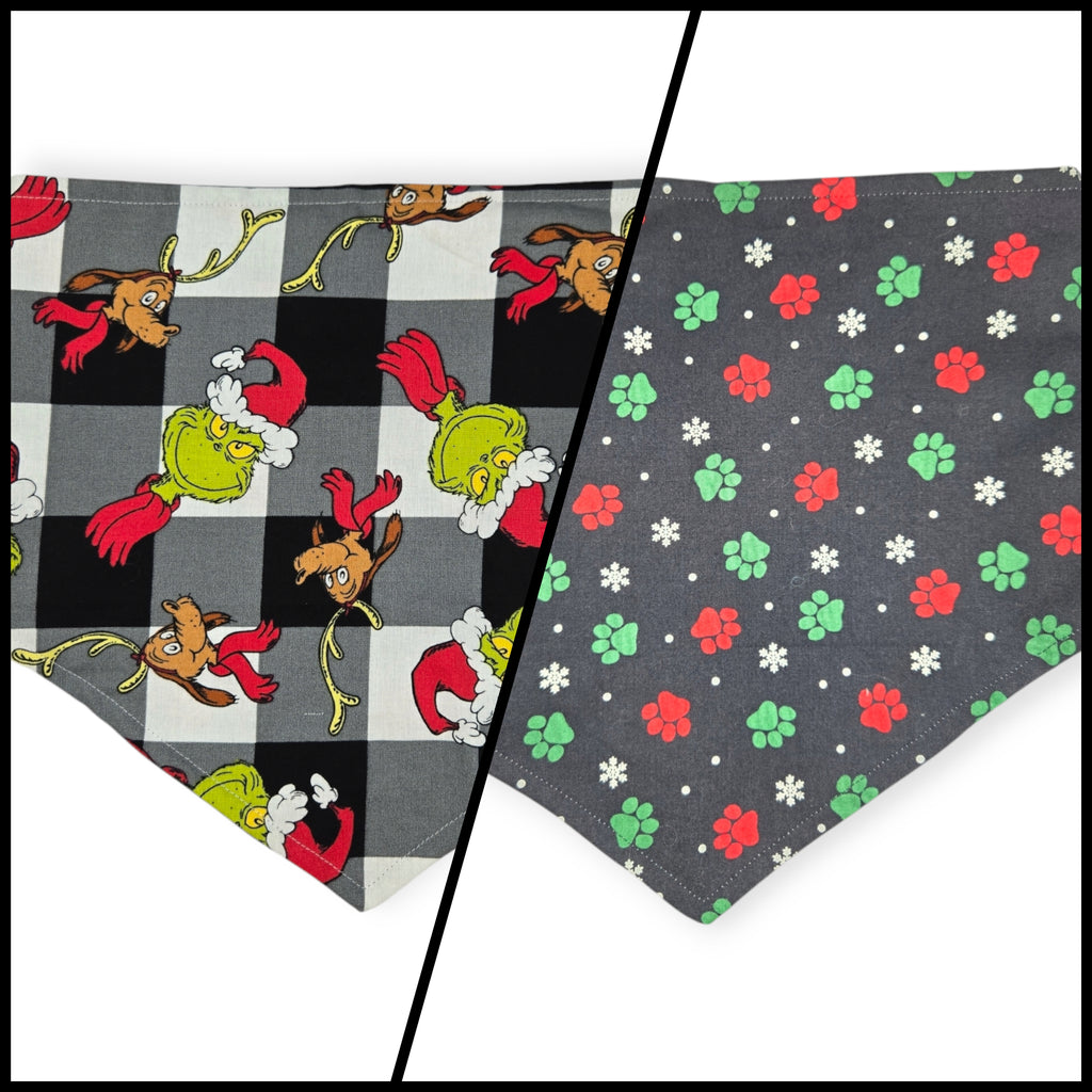 Grouchy Plaid/Christmas Paws Reversible Tie-on Bandana (Large)