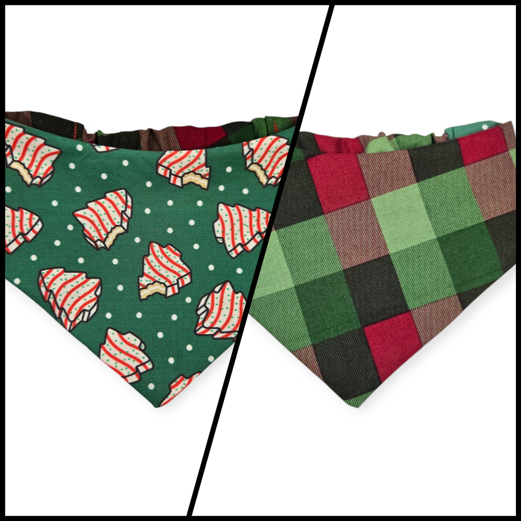 Snack Cake Trees/Red & Green Plaid Reversible Slip-on Scrunchie Bandana (Medium)