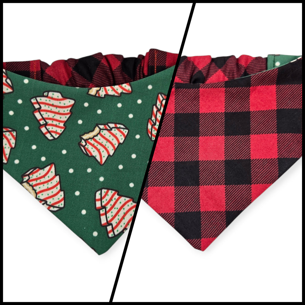 Snack Cake Trees/Red Bufflo Plaid Reversible Slip-on Scrunchie Bandana (Small)