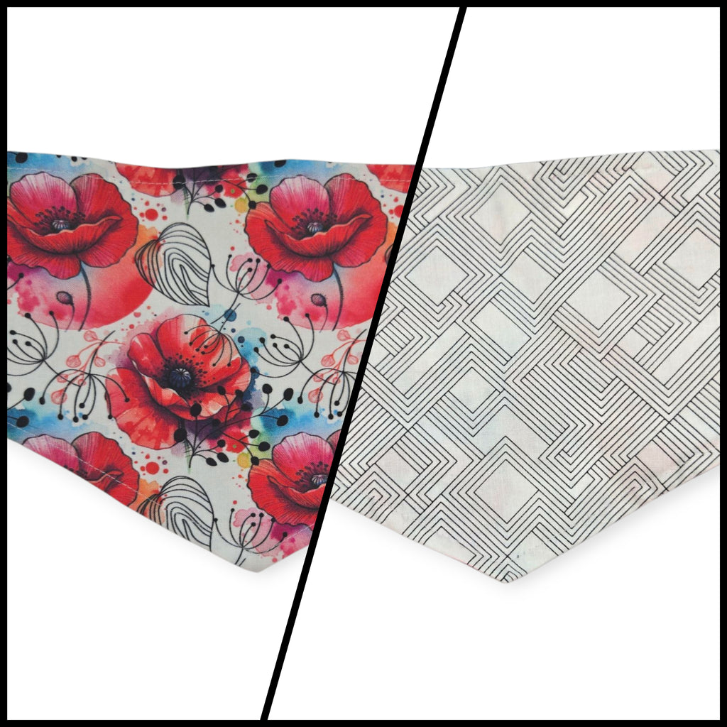 Watercolor Poppy/Linework Reversible Tie-on Bandana (Small)