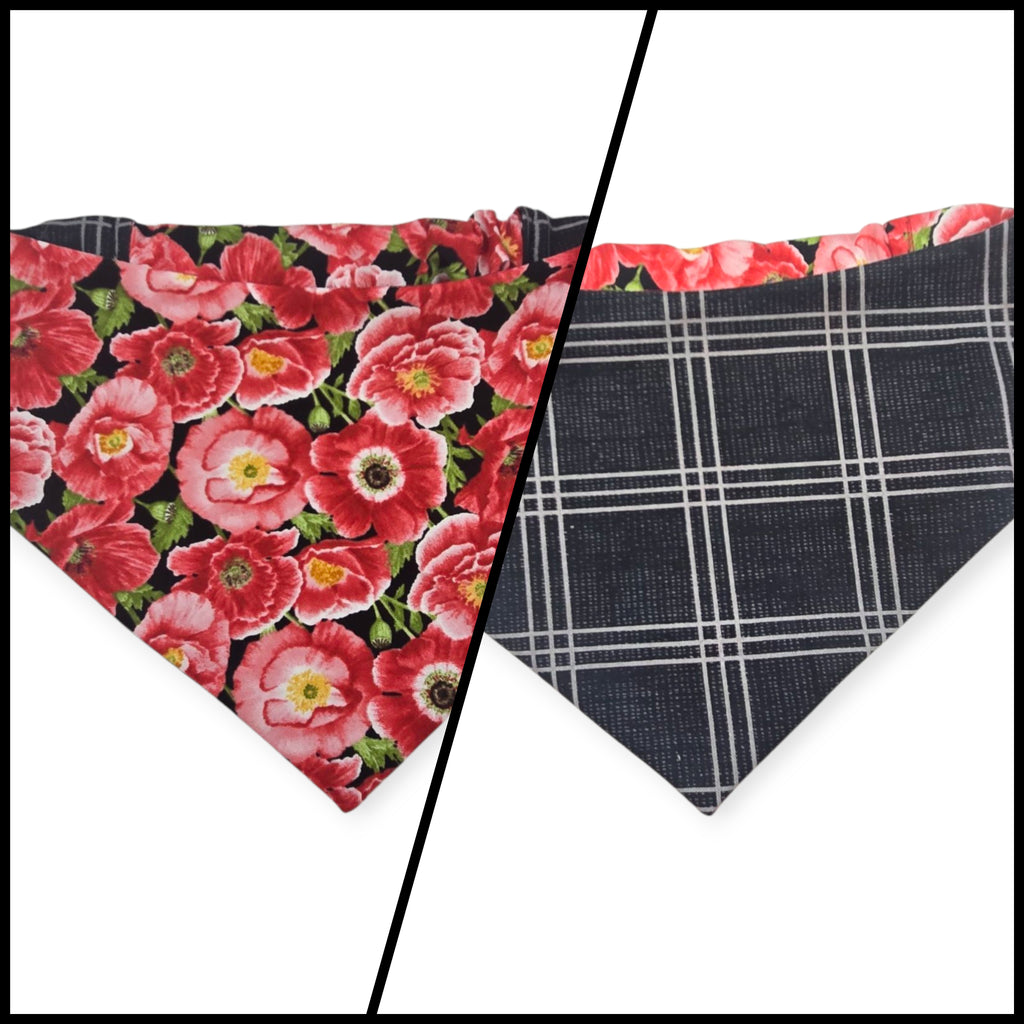 Poppy Meadows/ Dark Plaid Reversible Slip-on Scrunchie Bandana (Medium)