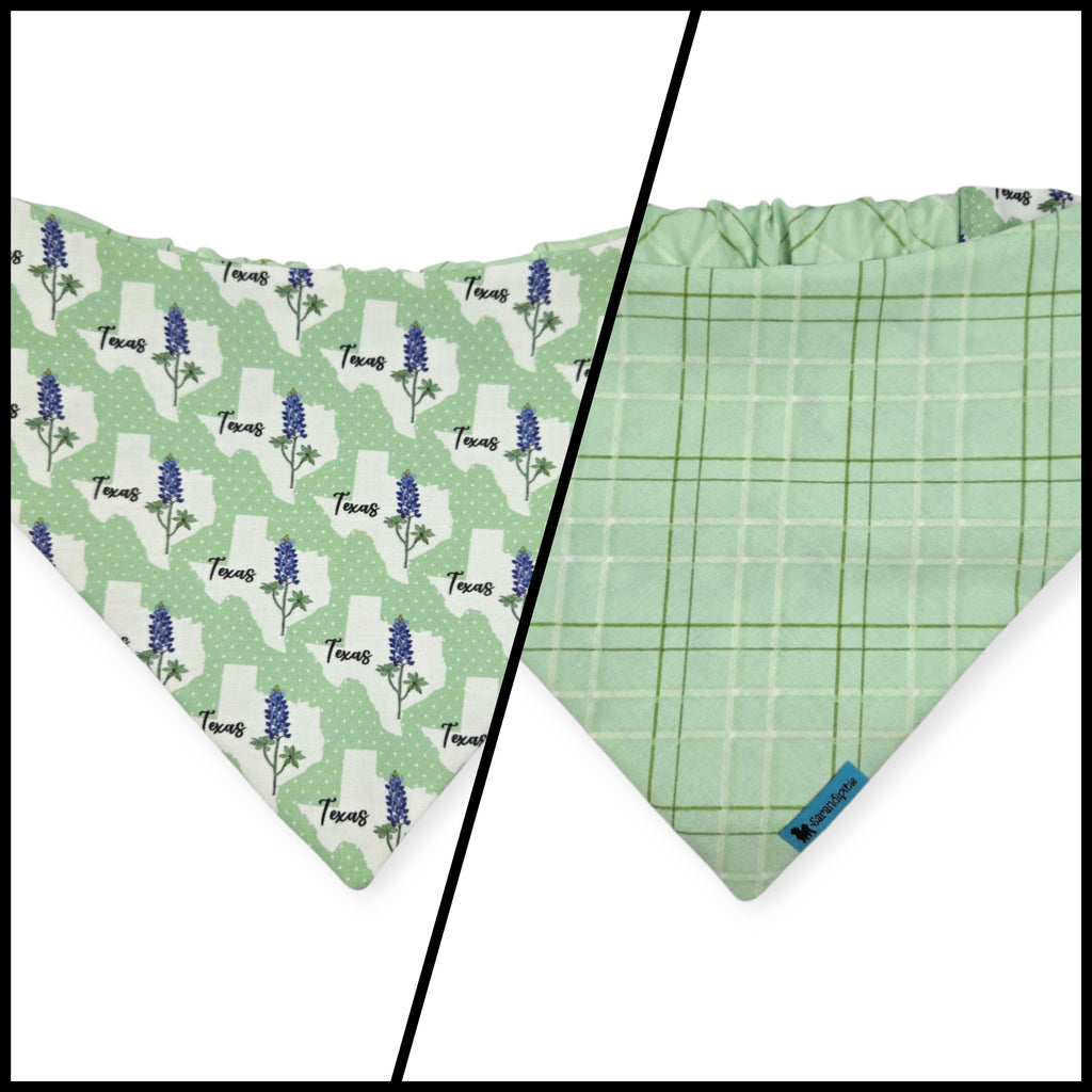 Bluebonnets & Texas /Mint Plaid Reversible Slip-on Scrunchie Bandana (Large)