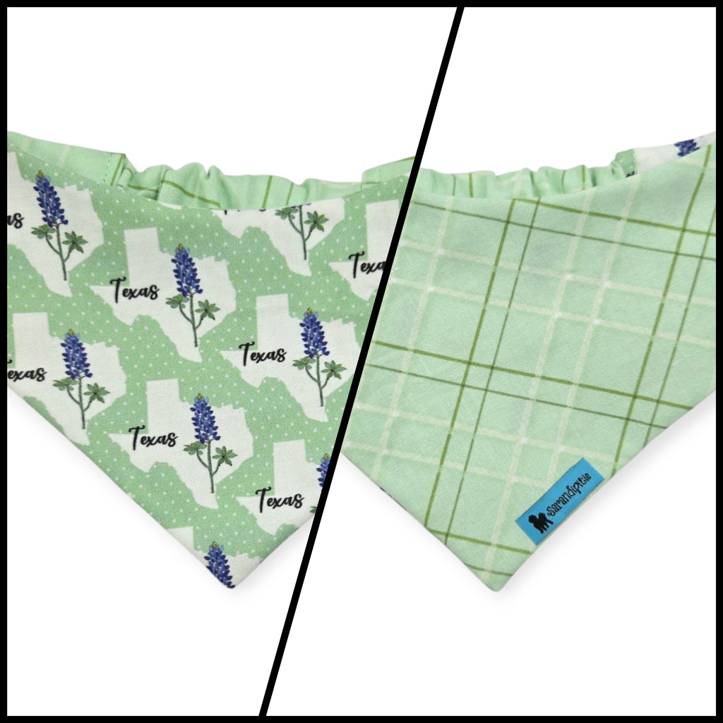 Bluebonnets & Texas /Mint Plaid Reversible Slip-on Scrunchie Bandana (Small)