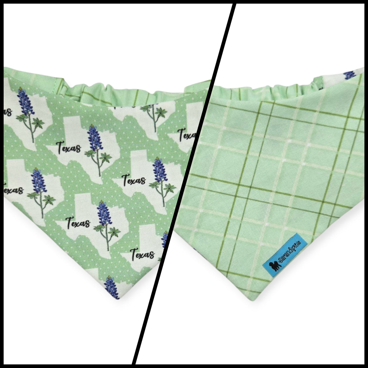 Bluebonnets & Texas /Mint Plaid Reversible Slip-on Scrunchie Bandana (Small)