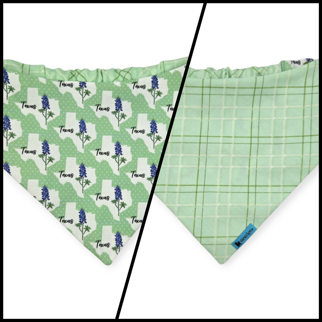 Bluebonnets & Texas /Mint Plaid Reversible Slip-on Scrunchie Bandana (Medium/Large)