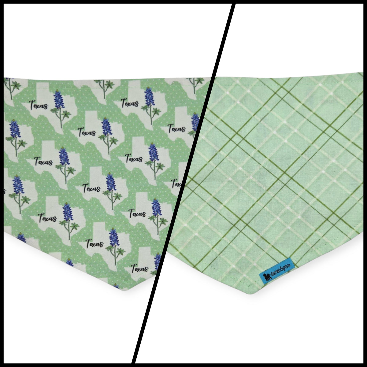 Bluebonnets & Texas /Mint Plaid Reversible Tie-on Bandana (Medium)