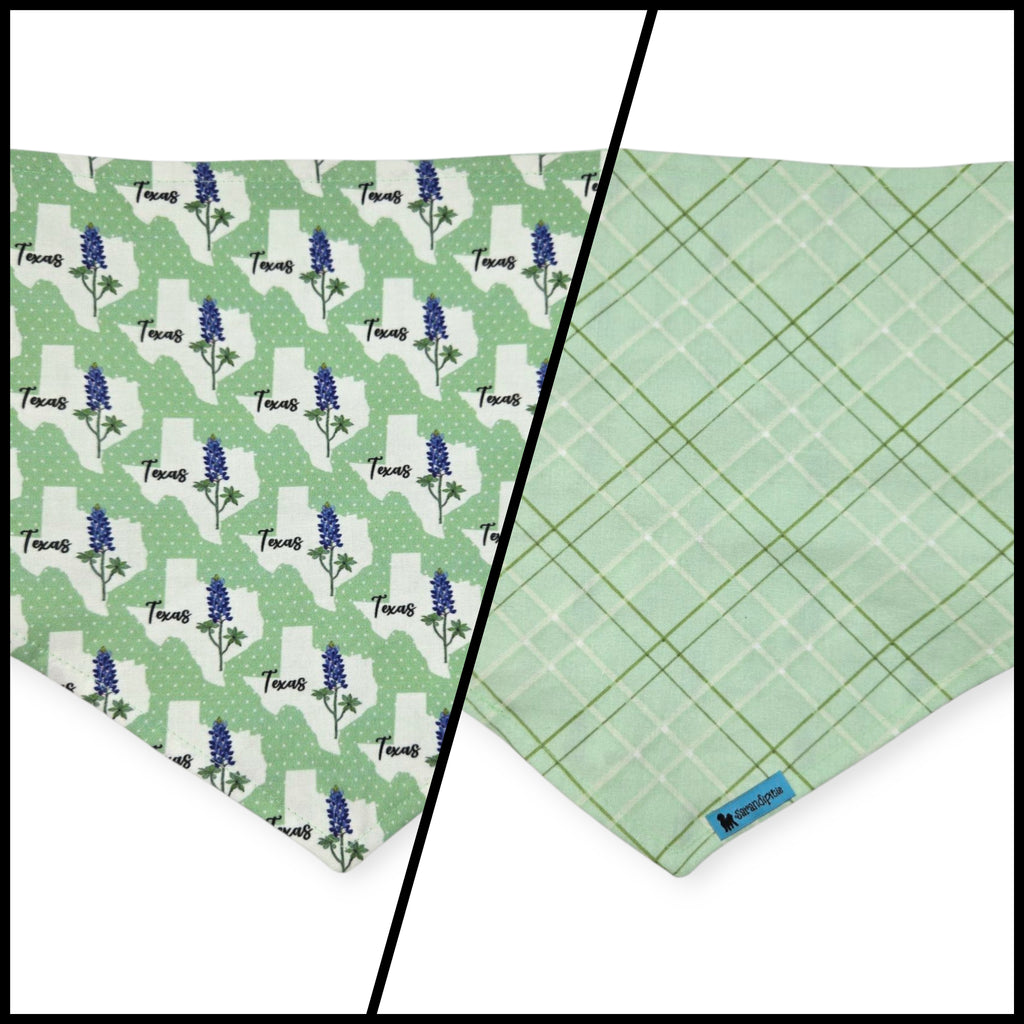 Bluebonnets & Texas /Mint Plaid Reversible Tie-on Bandana (Large)