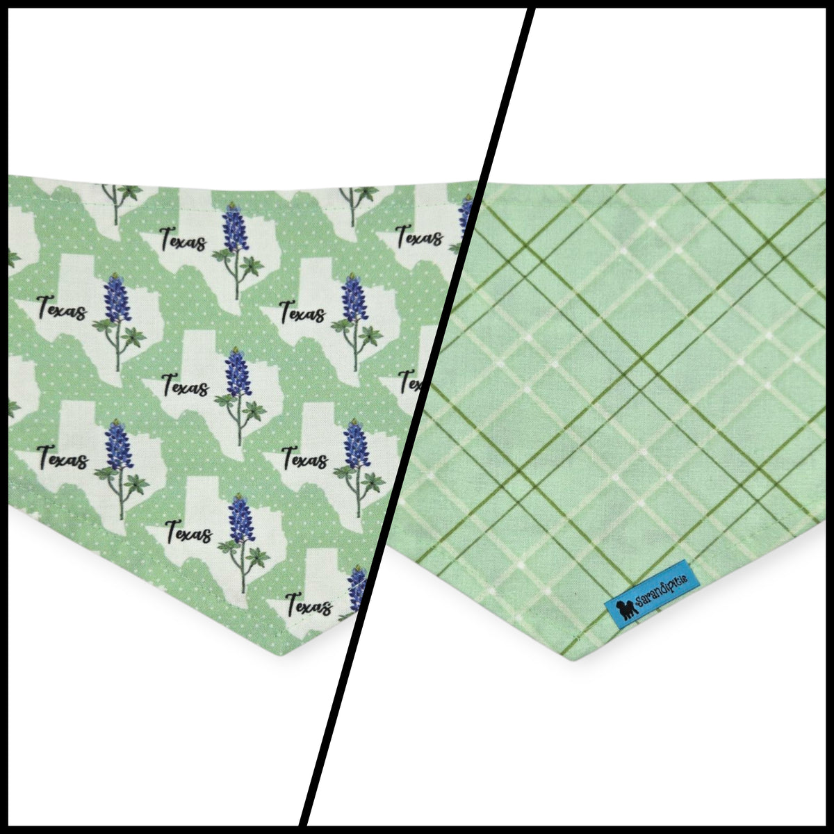 Bluebonnets & Texas /Mint Plaid Reversible Tie-on Bandana (Small)