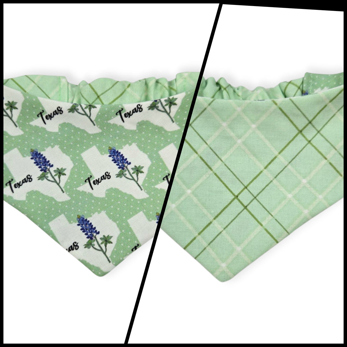 Bluebonnets & Texas /Mint Plaid Reversible Slip-on Scrunchie Bandana (X-Small/Small)