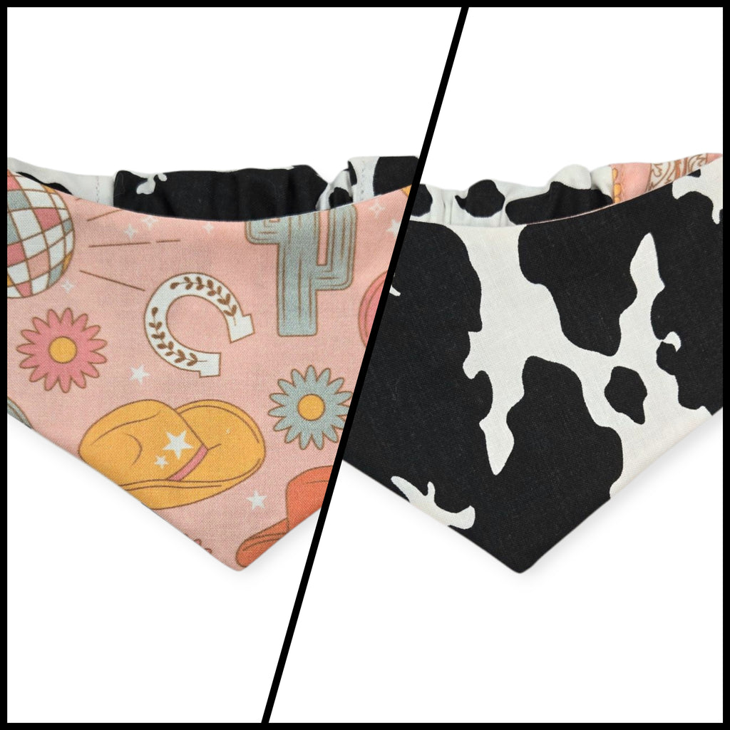Disco Cowgirl/Cow Spots Reversible Slip-on Scrunchie Bandana (Small/Medium)