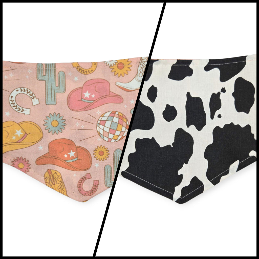 Disco Cowgirl/Cow Spots Reversible Tie-on Bandana (Small)