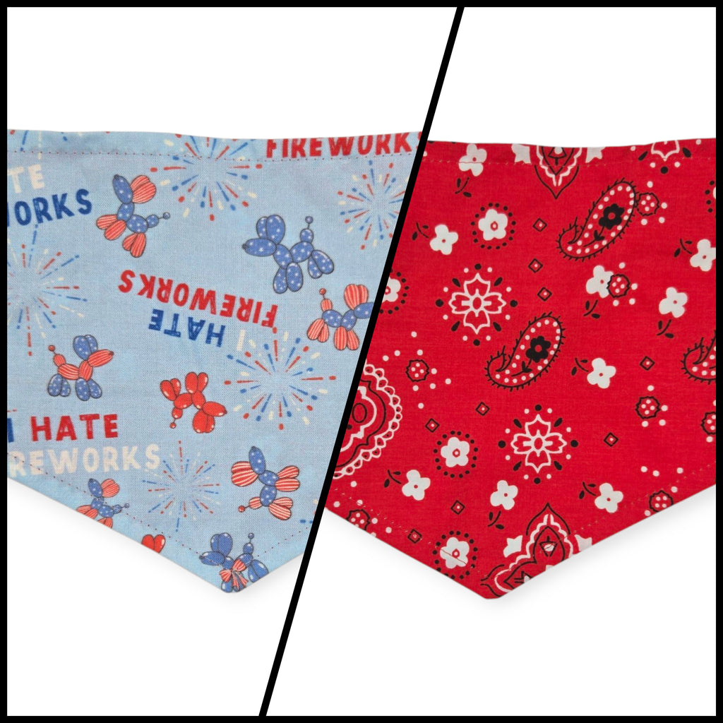 I Hate Fireworks/Red Paisley Reversible Tie-on Bandana (Small)