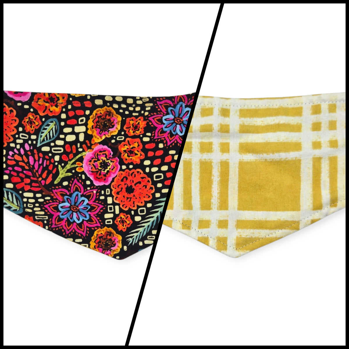 Brushstroke Flowers/Yellow Plaid Reversible Tie-on Bandana (X-Small)