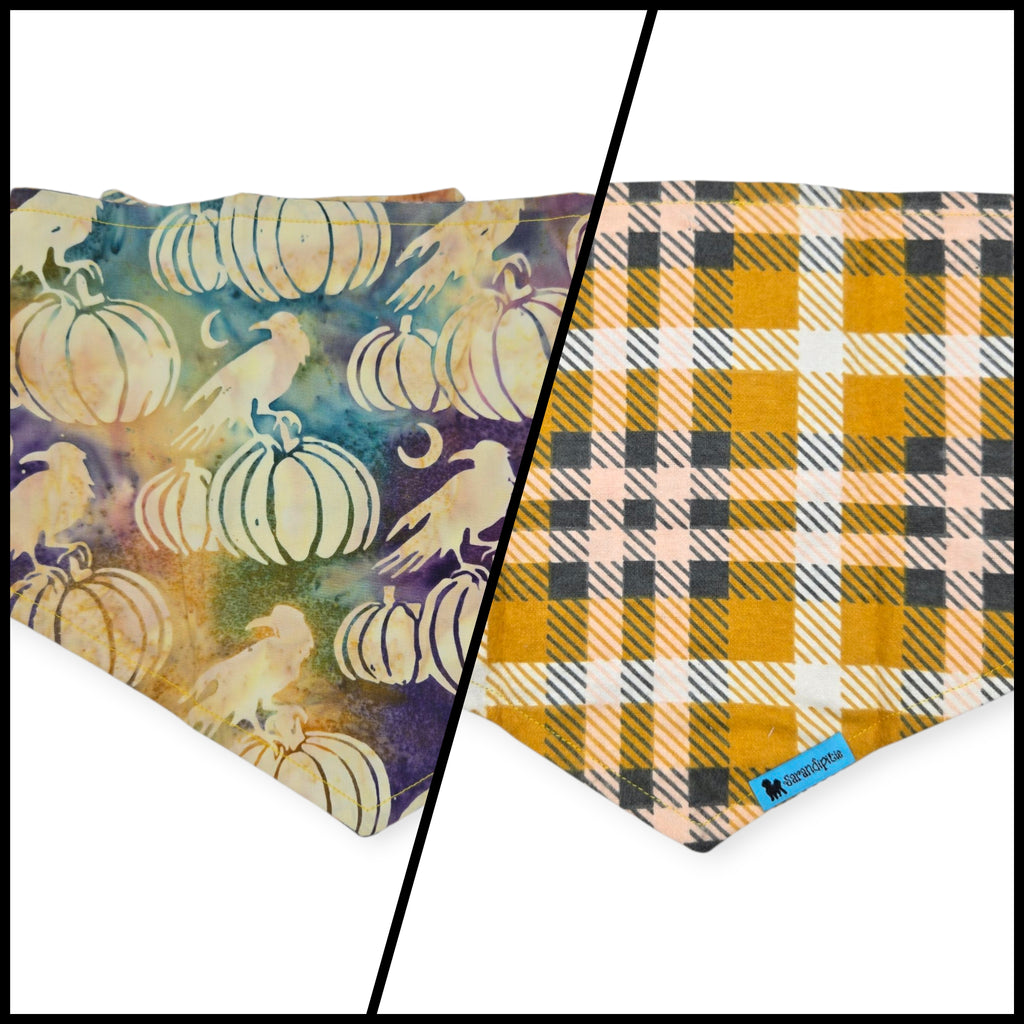 Pumpkin Ravens/Mustard Plaid Reversible Tie-on Bandana (Medium)