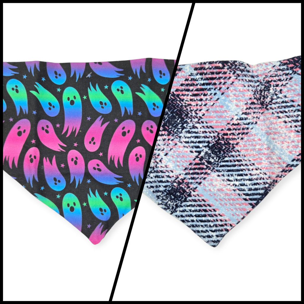 Rainbow Ghosts/Purple Distressed Plaid Slip-on Scrunchie Bandana (Medium)