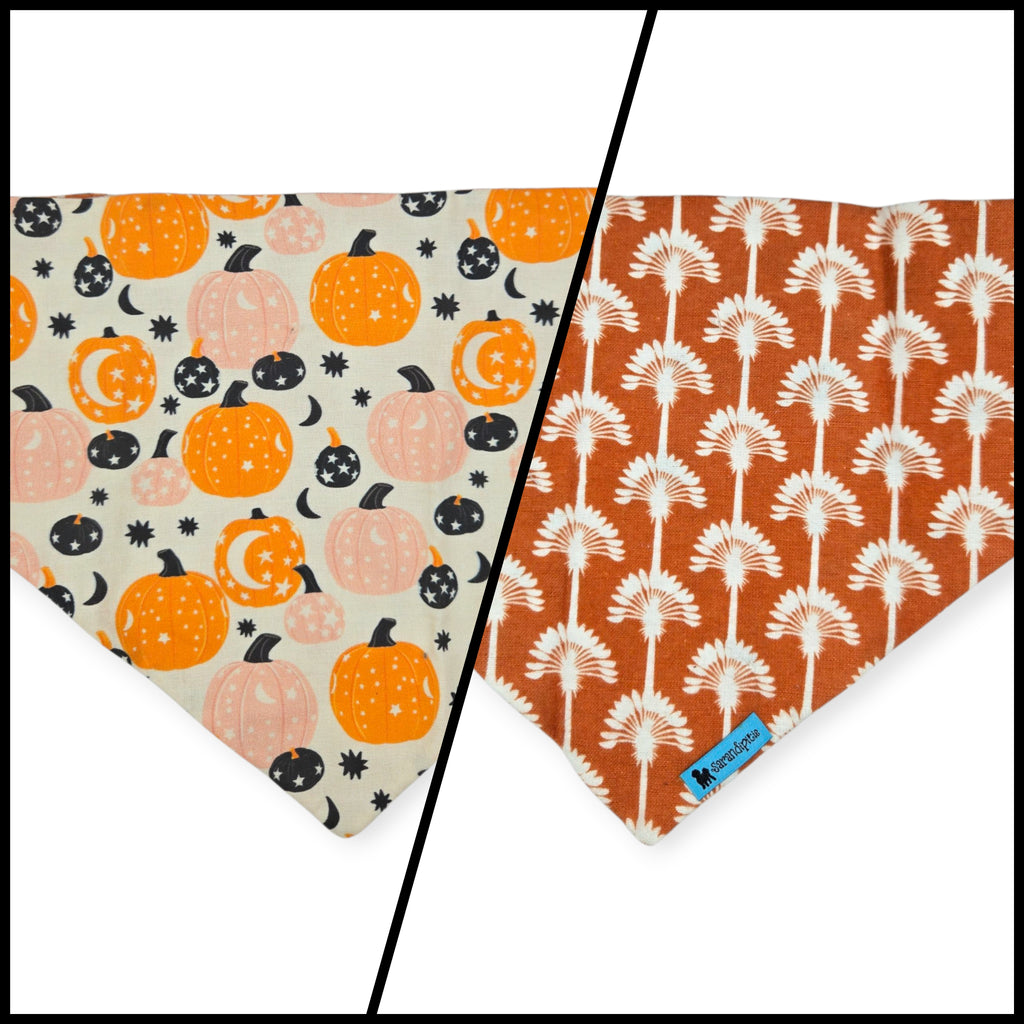 Pumpkin Fall Moon & Stars Boho/Art Deco Palms Reversible Slip-on Scrunchie Bandana (Large/X-Large)