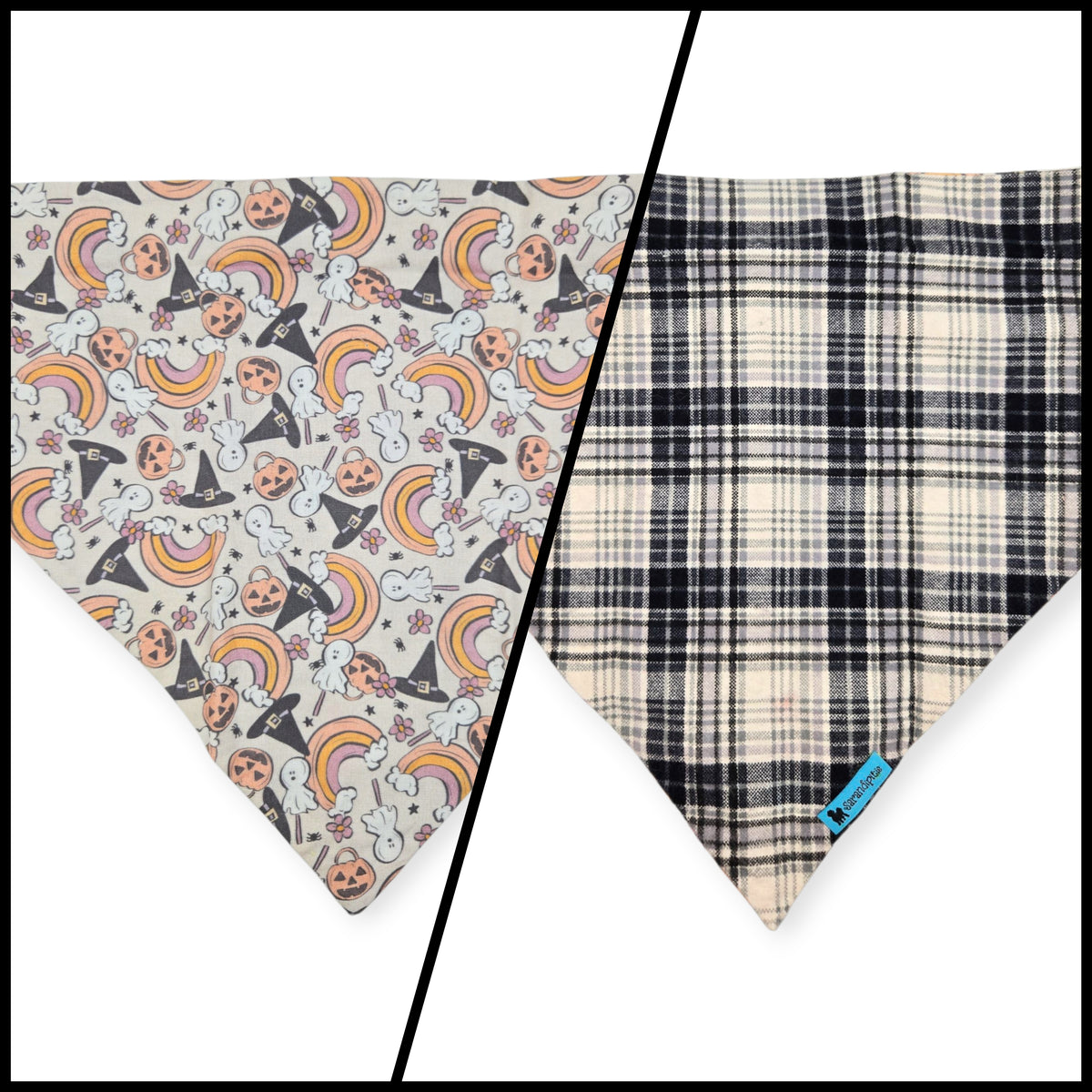 Halloween Night/Gray & Cream Plaid Reversible Slip-on Scrunchie Bandana (X-Large)