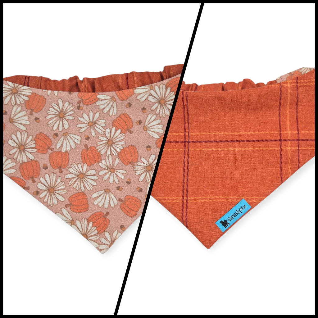 Daisy Pumpkins/ Orange Plaid Slip-on Scrunchie Bandana (Medium)