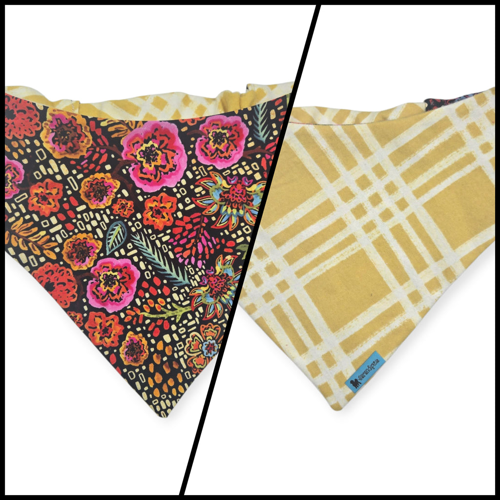 Brushstroke Flowers/Yellow Plaid Slip-on Scrunchie Bandana (Large)