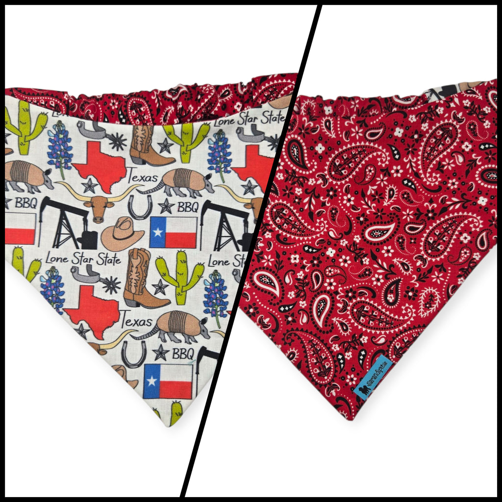 Texas Symbols/Red Paisley Reversible Slip-on Scrunchie Bandana (X-Small)