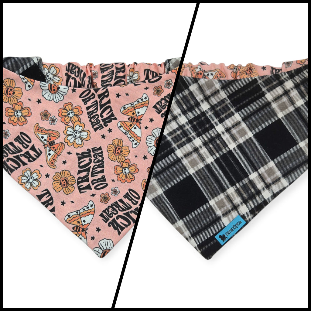 Retro Trick-or-Treat/Black & Gray Plaid Slip-on Scrunchie Bandana (Large)