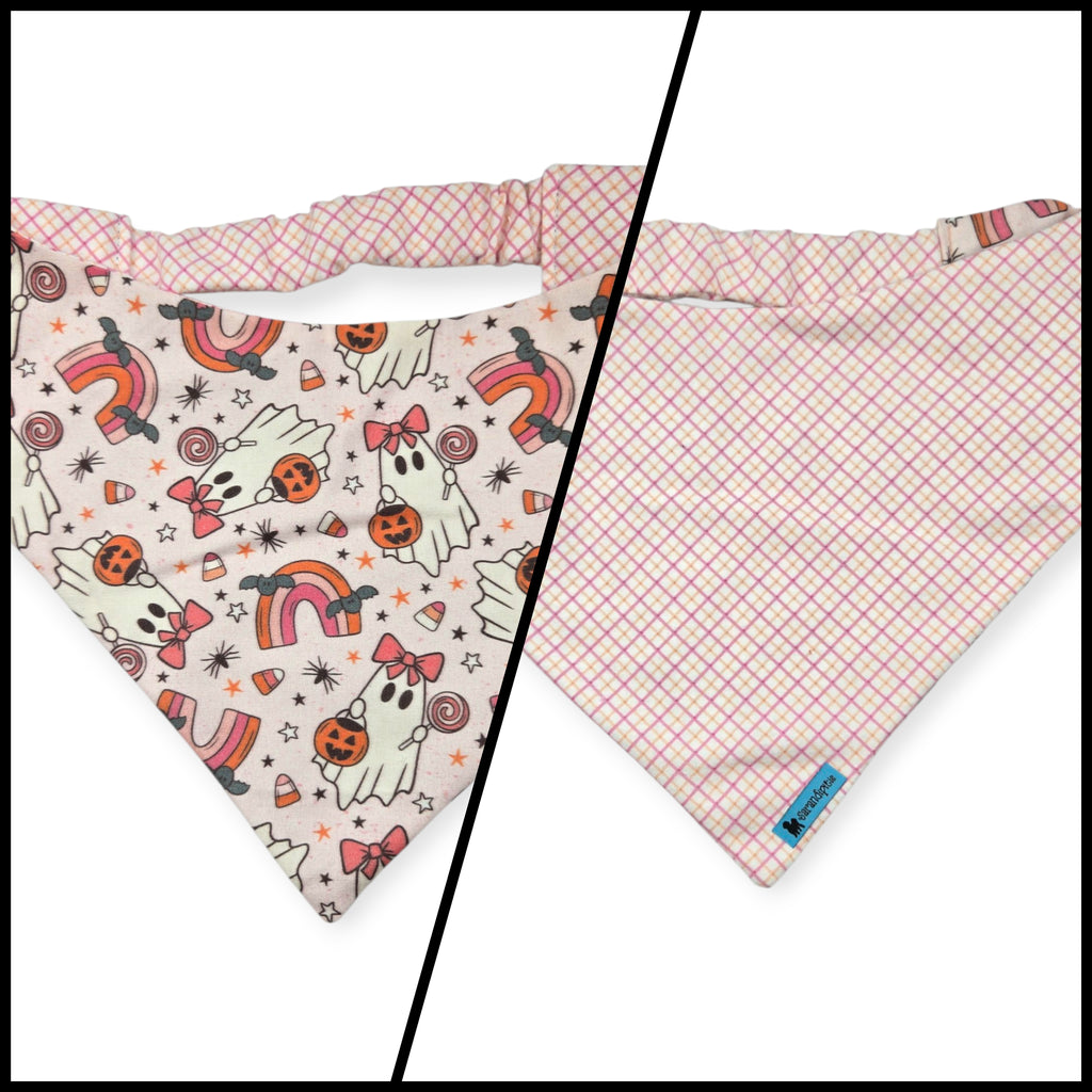 Spooky Cute Ghost/Pink Plaid Slip-on Scrunchie Bandana (Large)