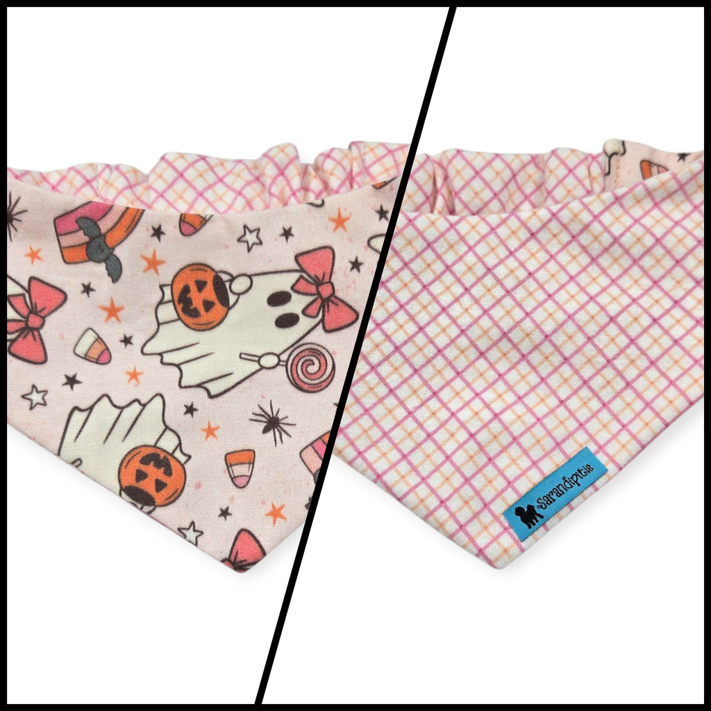 Spooky Cute Ghost/Pink Plaid Reversible Slip-on Scrunchie Bandana (X-Small/Small)