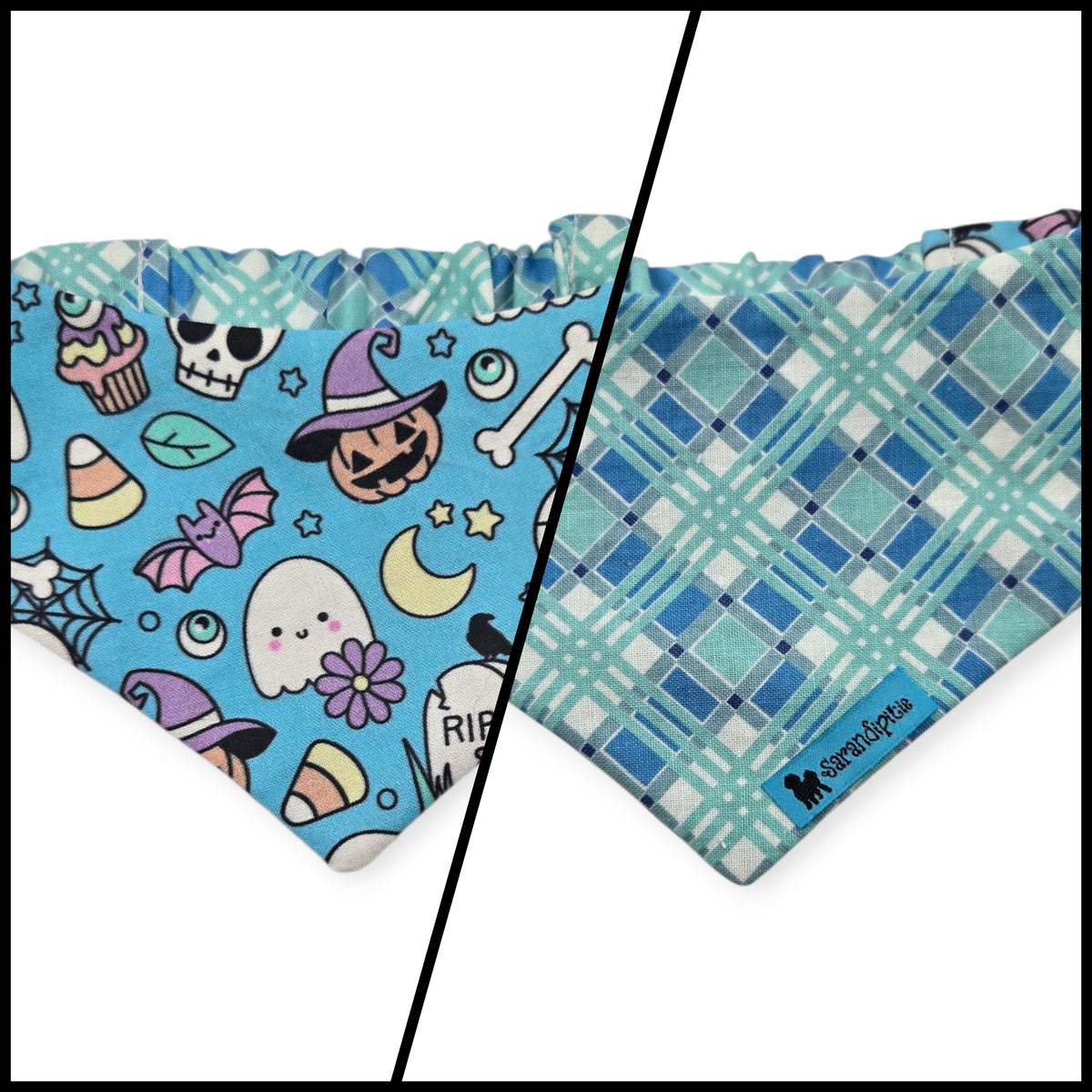 Pastel Halloween Charm/Blue Plaid Reversible Slip-on Scrunchie Bandana (X-Small)
