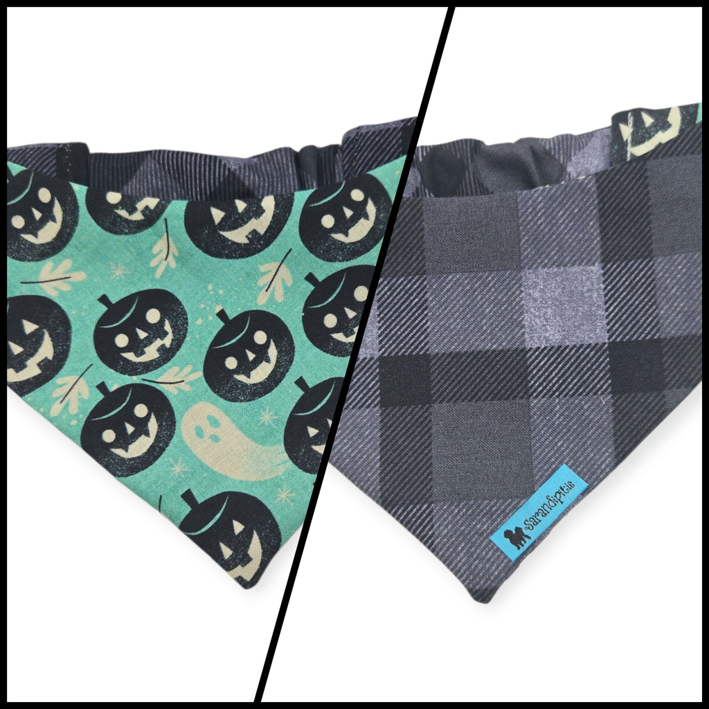 Pumpkins & Ghosts/Charcoal Plaid Slip-on Scrunchie Bandana (Medium)
