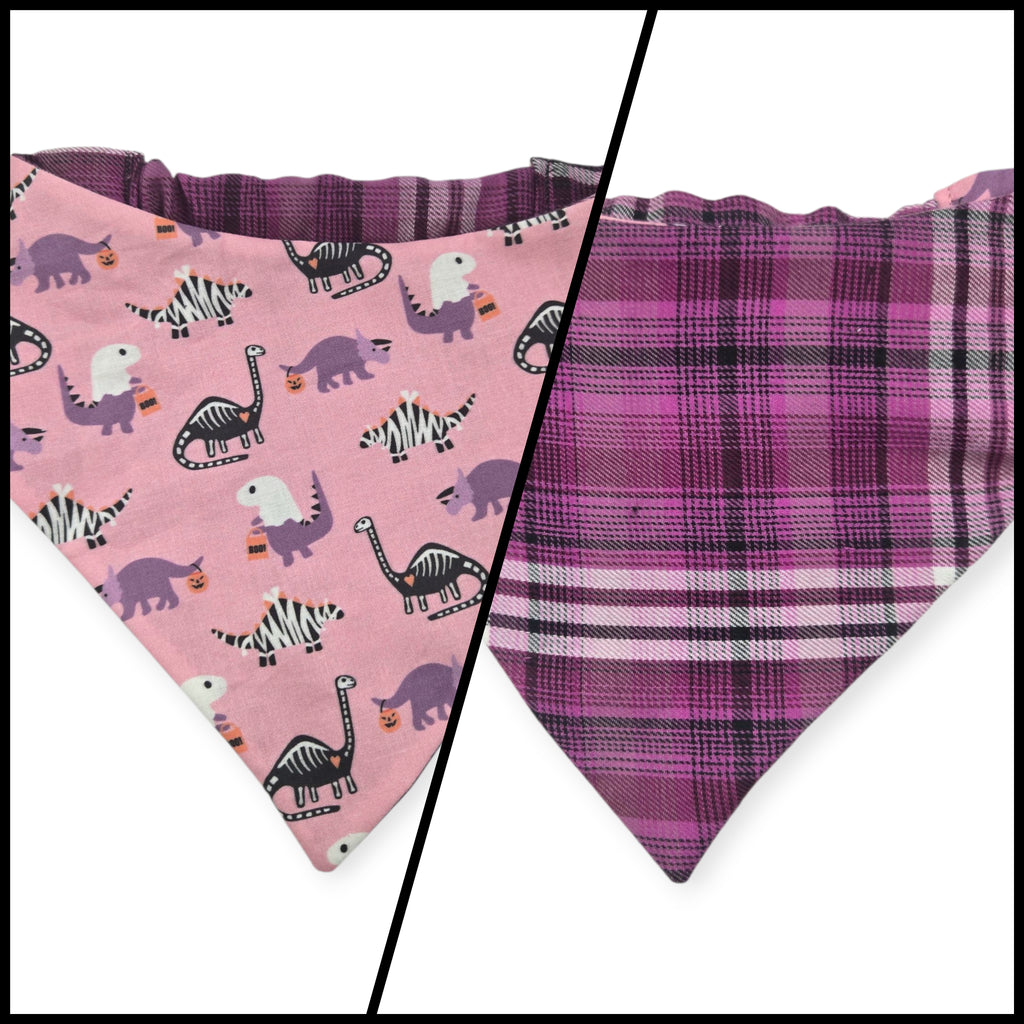 Halloween Dinosaurs/Orchid Plaid Reversible Slip-on Scrunchie Bandana (Large)
