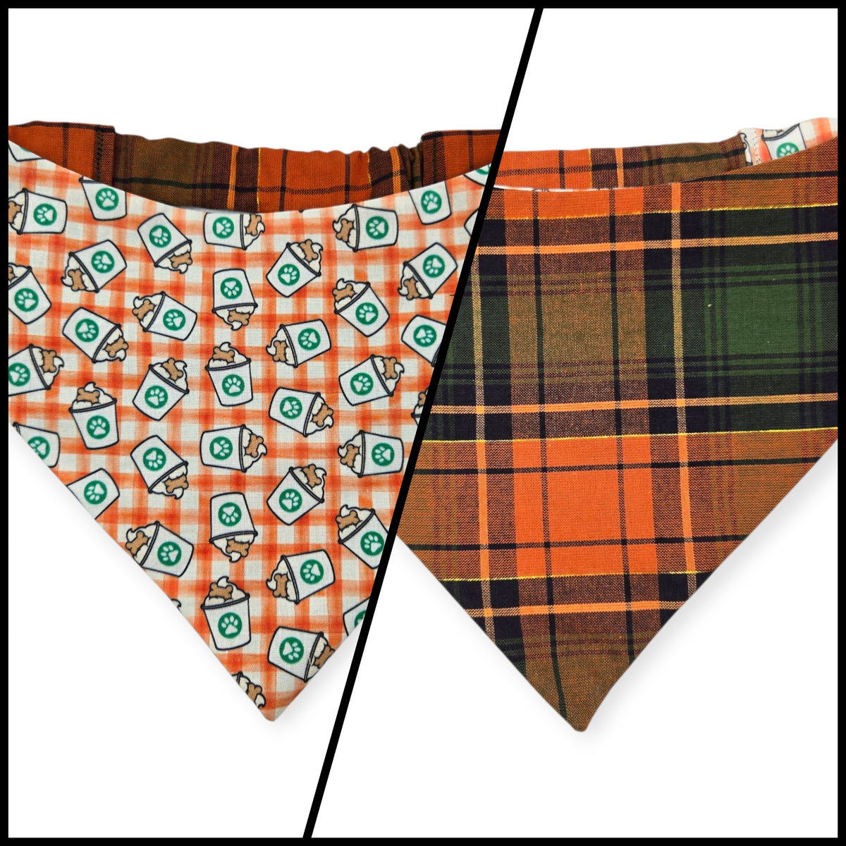 Pumpkin Spice Pup Cup/Green & Orange Plaid Reversible Slip-on Scrunchie Bandana (Medium/Large)