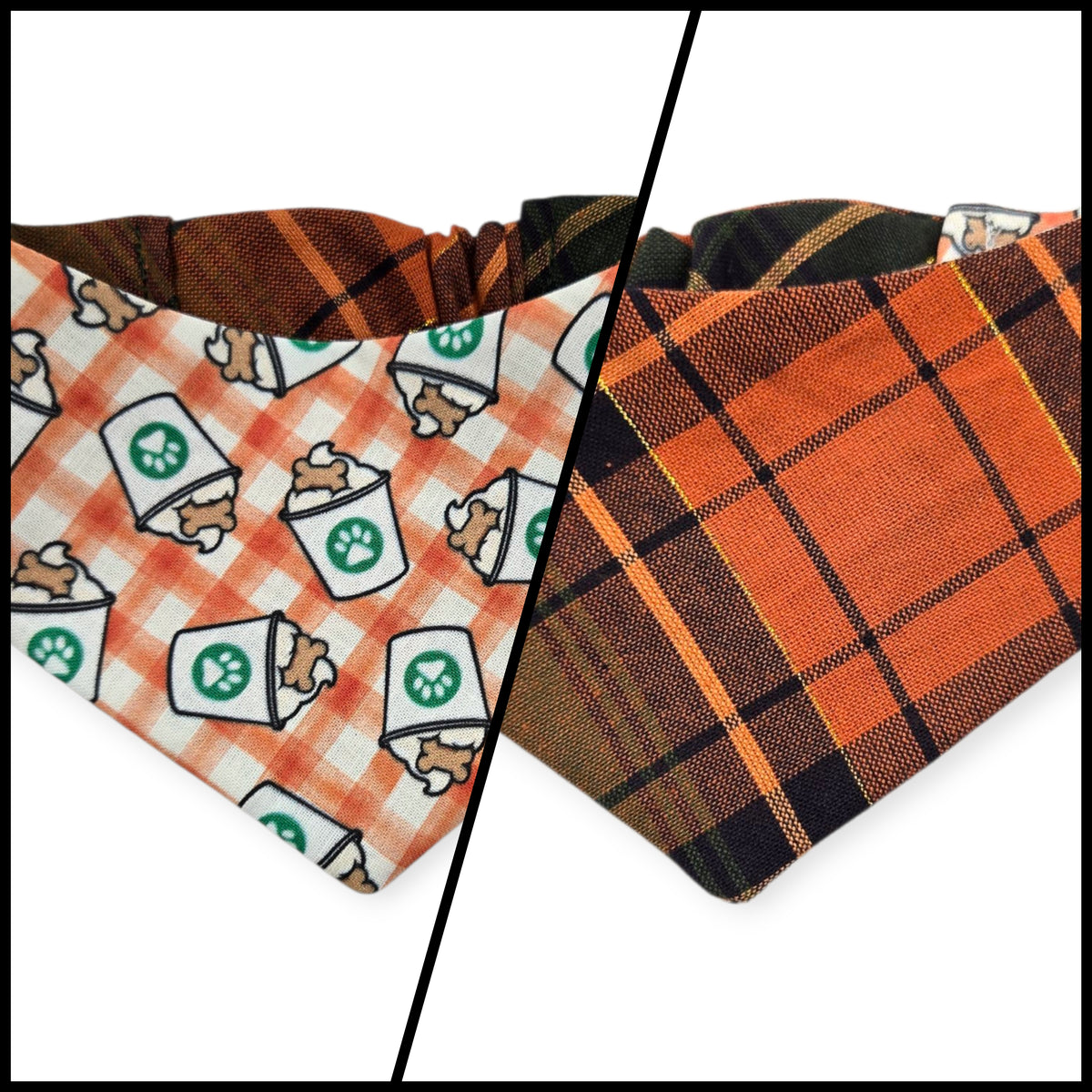 Pumpkin Spice Pup Cup/Green & Orange Plaid Reversible Slip-on Scrunchie Bandana (X-Small)