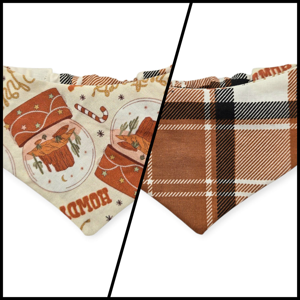 Desert Snow Globe Christmas/Caramel Plaid Reversible Slip-on Scrunchie Bandana (Small)
