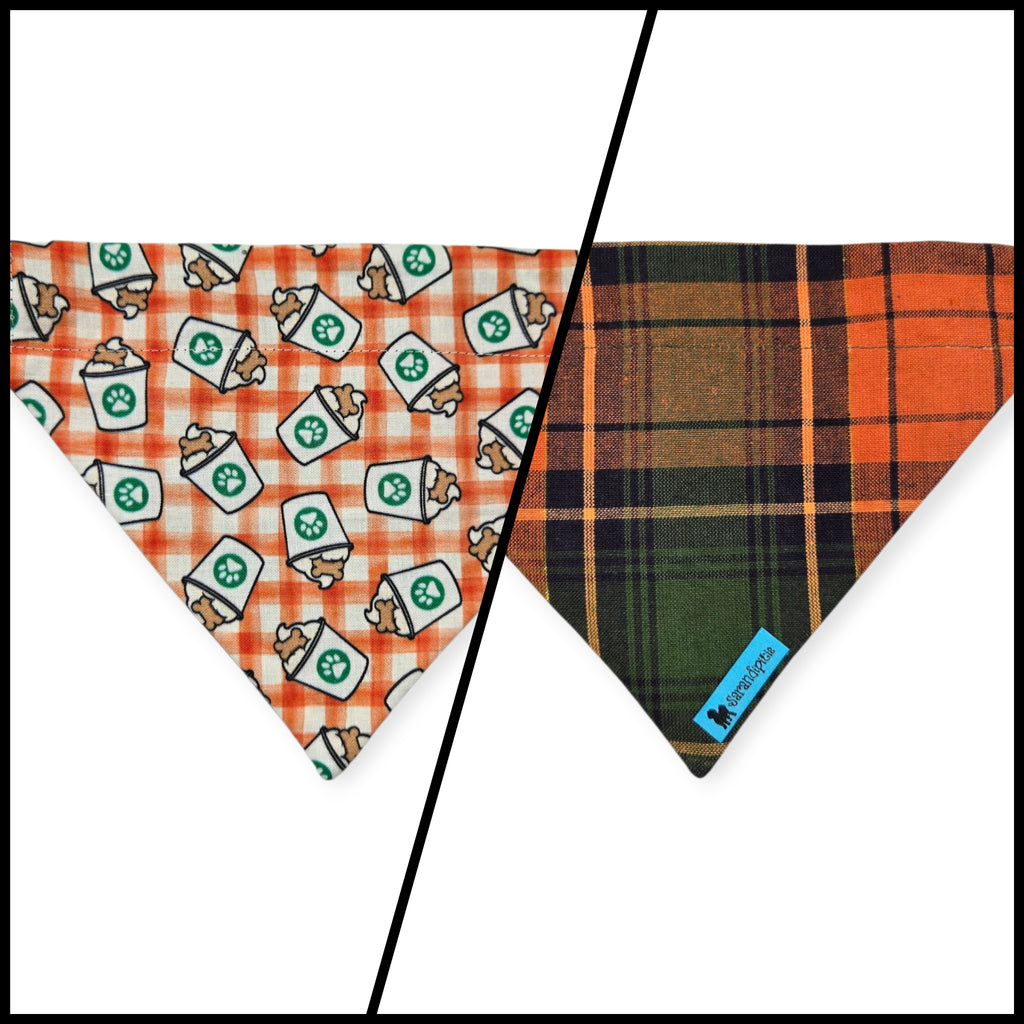 Pumpkin Spice Pup Cup/Green & Orange Plaid Reversible Slide-on Bandana (Small)