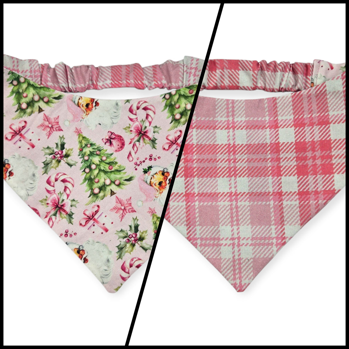 Pink Retro Watercolor Christmas/Pink Plaid Reversible Slip-on Scrunchie Bandana (Large)
