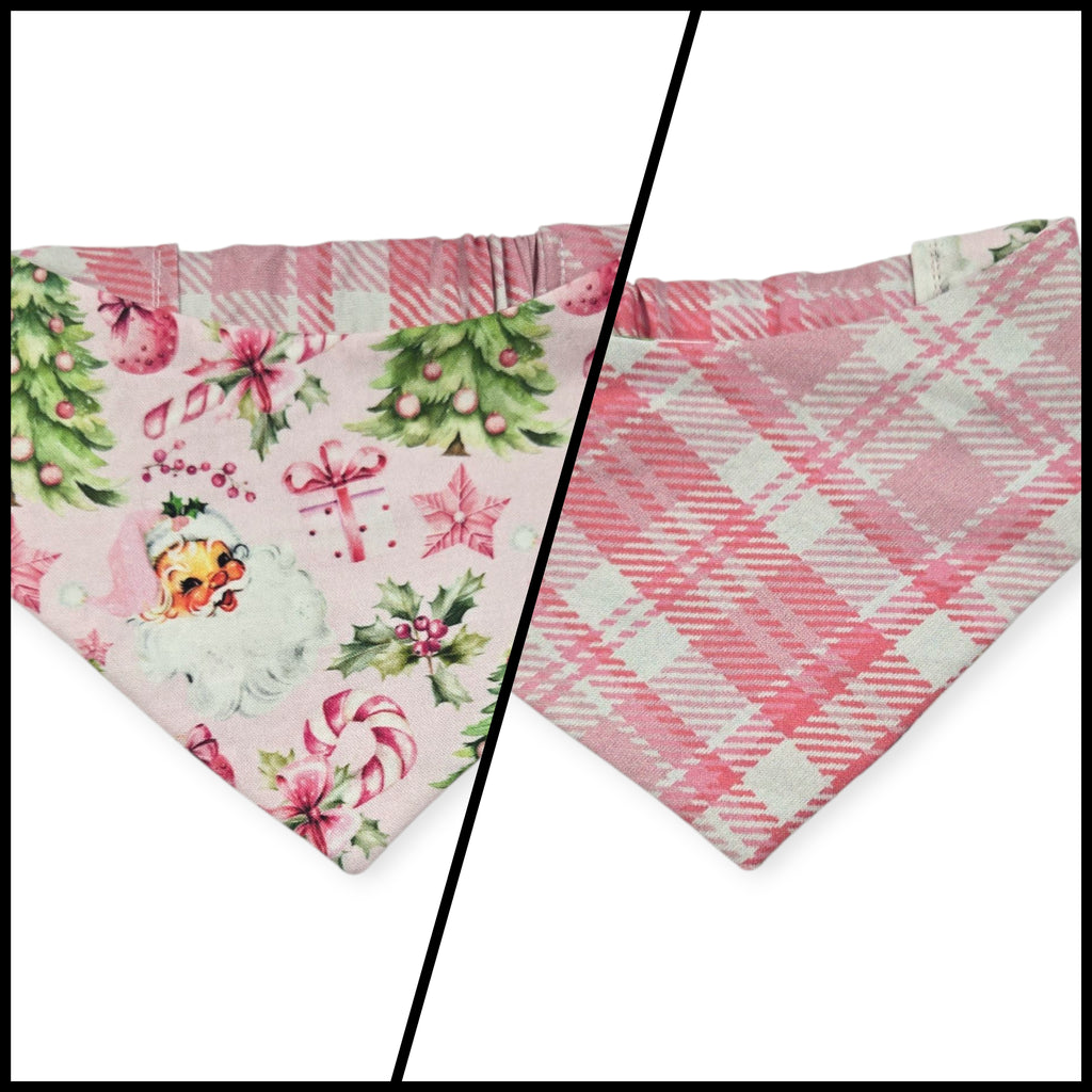 Pink Retro Watercolor Christmas/Pink Plaid Reversible Slip-on Scrunchie Bandana (Medium)