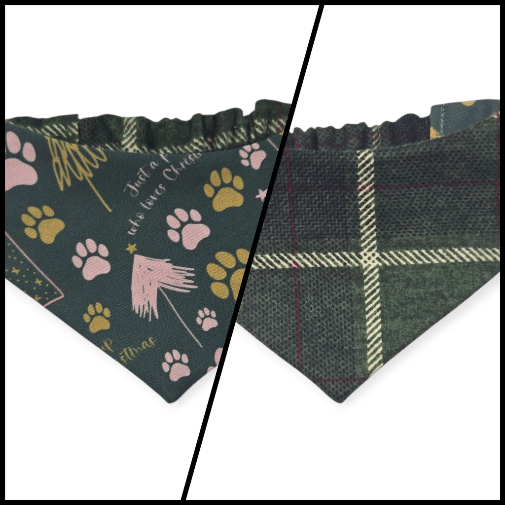Just a Pup/Dark Green Plaid Reversible Slip-on Scrunchie Bandana (X-Small/Small)
