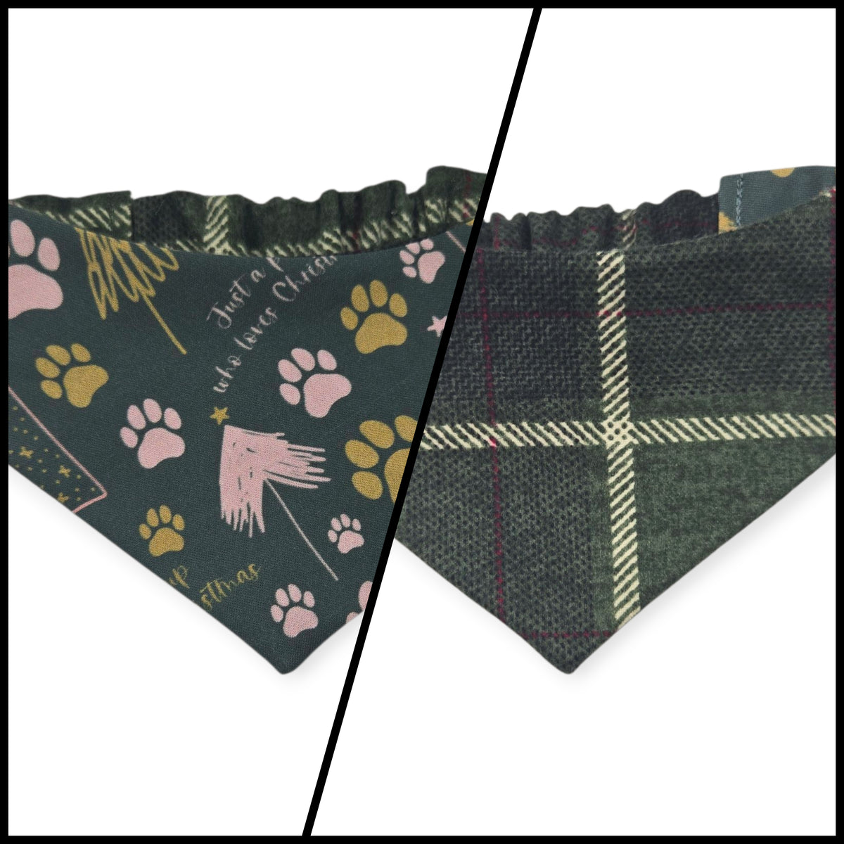 Just a Pup/Dark Green Plaid Reversible Slip-on Scrunchie Bandana (X-Small/Small)