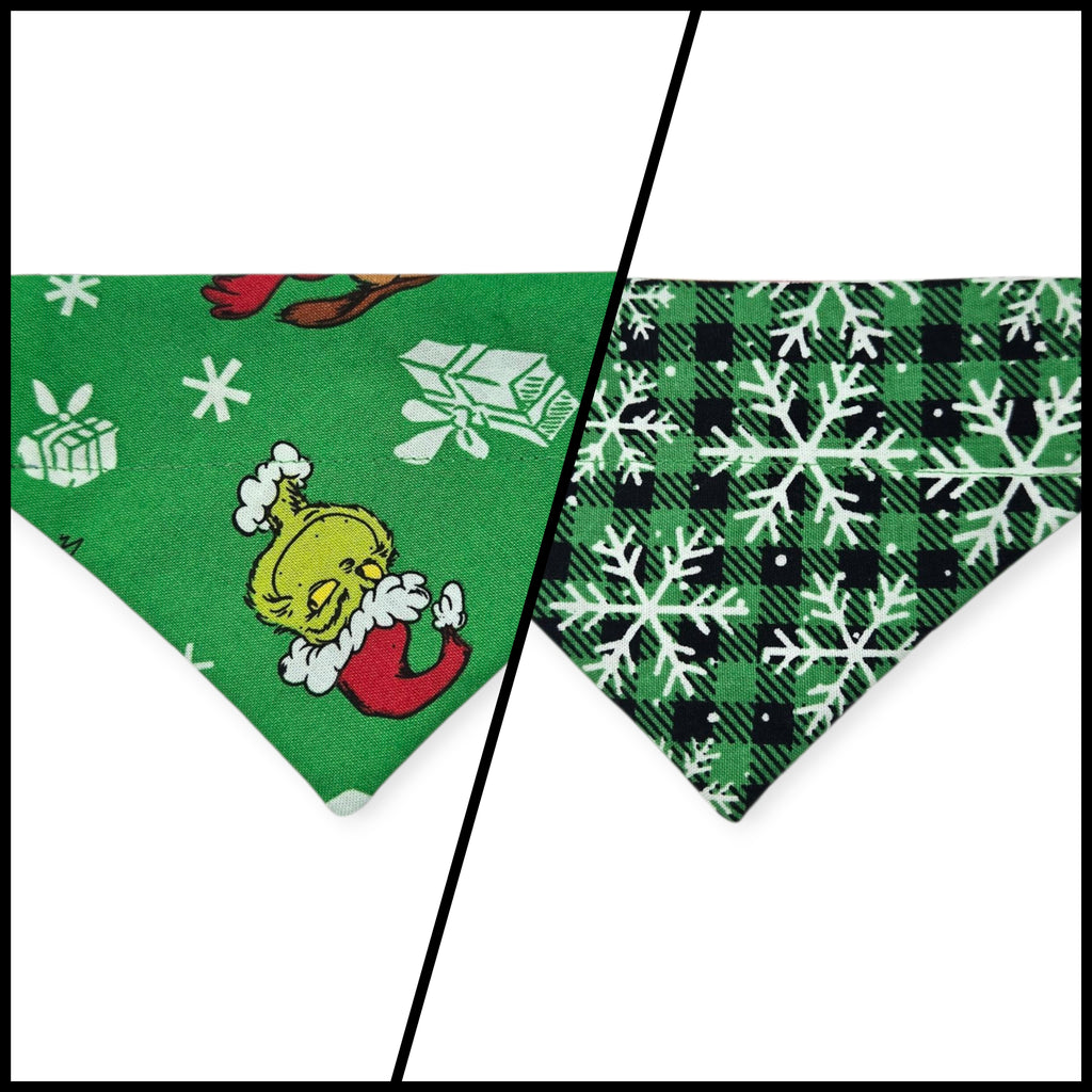 Green Grouchy/Buffalo Plaid Snowflakes Reversible Slide-on Bandana (X-Small)