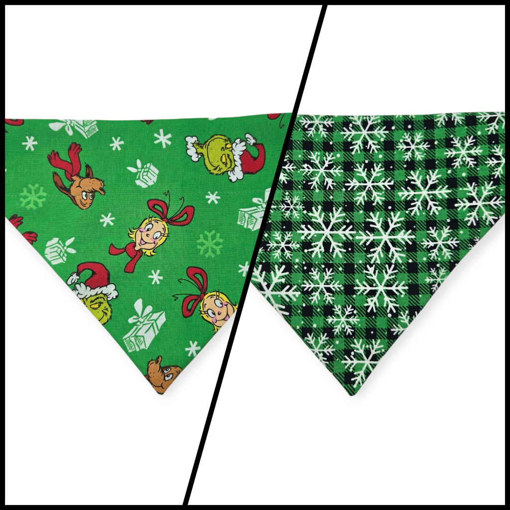 Green Grouchy/Buffalo Plaid Snowflakes Reversible Slide-on Bandana (Medium)