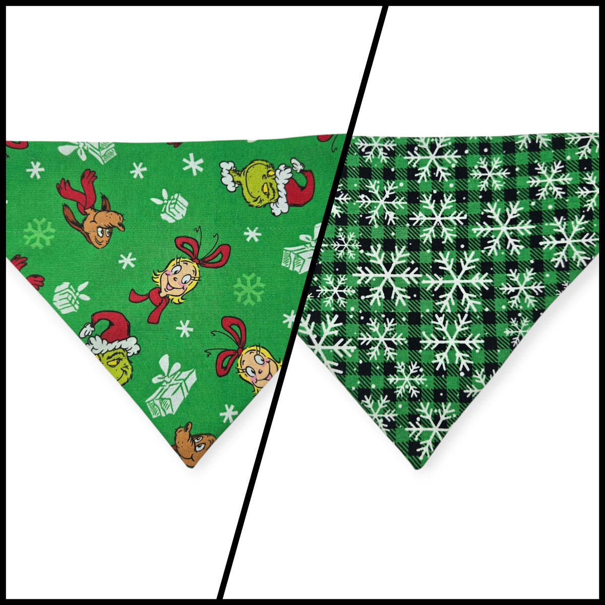 Green Grouchy/Buffalo Plaid Snowflakes Reversible Slide-on Bandana (Small)