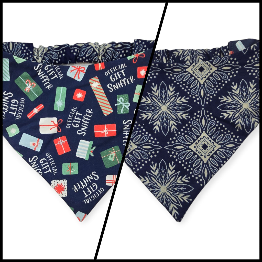 Gift Sniffer/Navy Snowflakes Reversible Slip-on Scrunchie Bandana (Large)